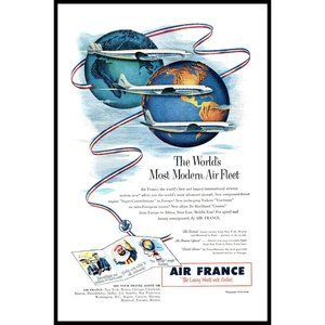 1953 Air France De Havilland Comet Jet Vintage Print Ad Globe AVgeek Wall Art
